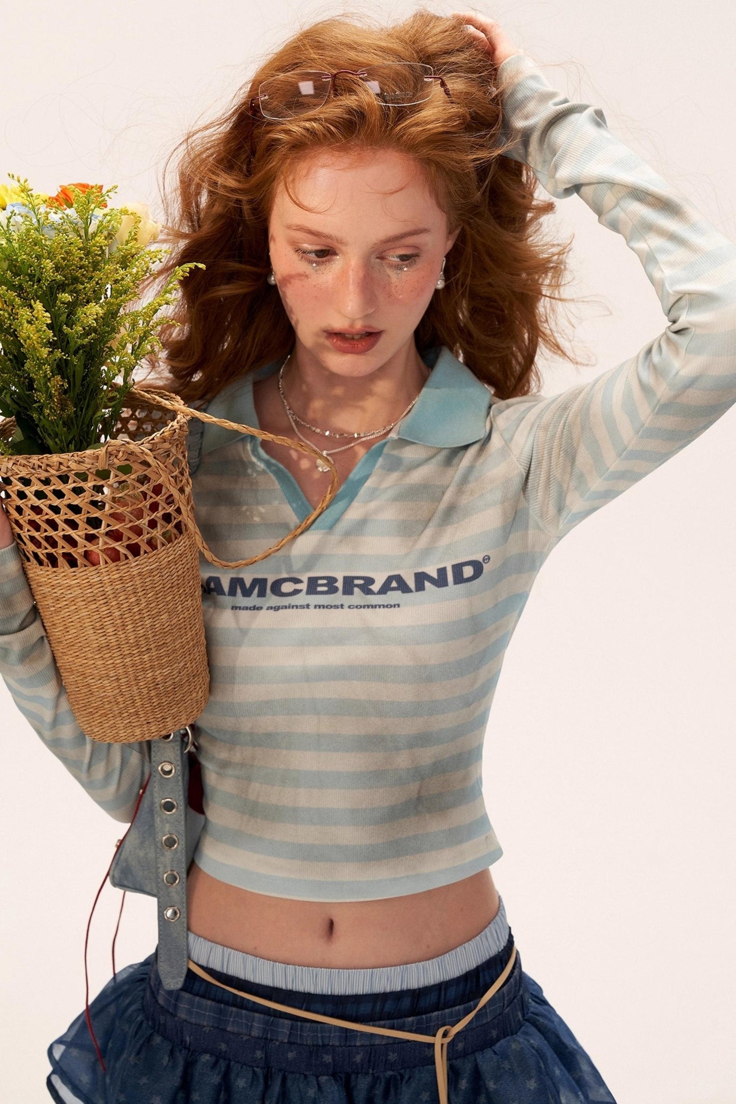 Distressed Striped Long Sleeve Polo Collar T-Shirt