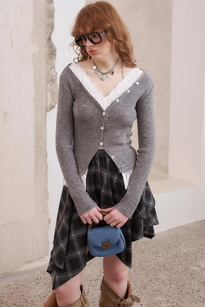 Lace Panel V-Neck Knitted Cardigan