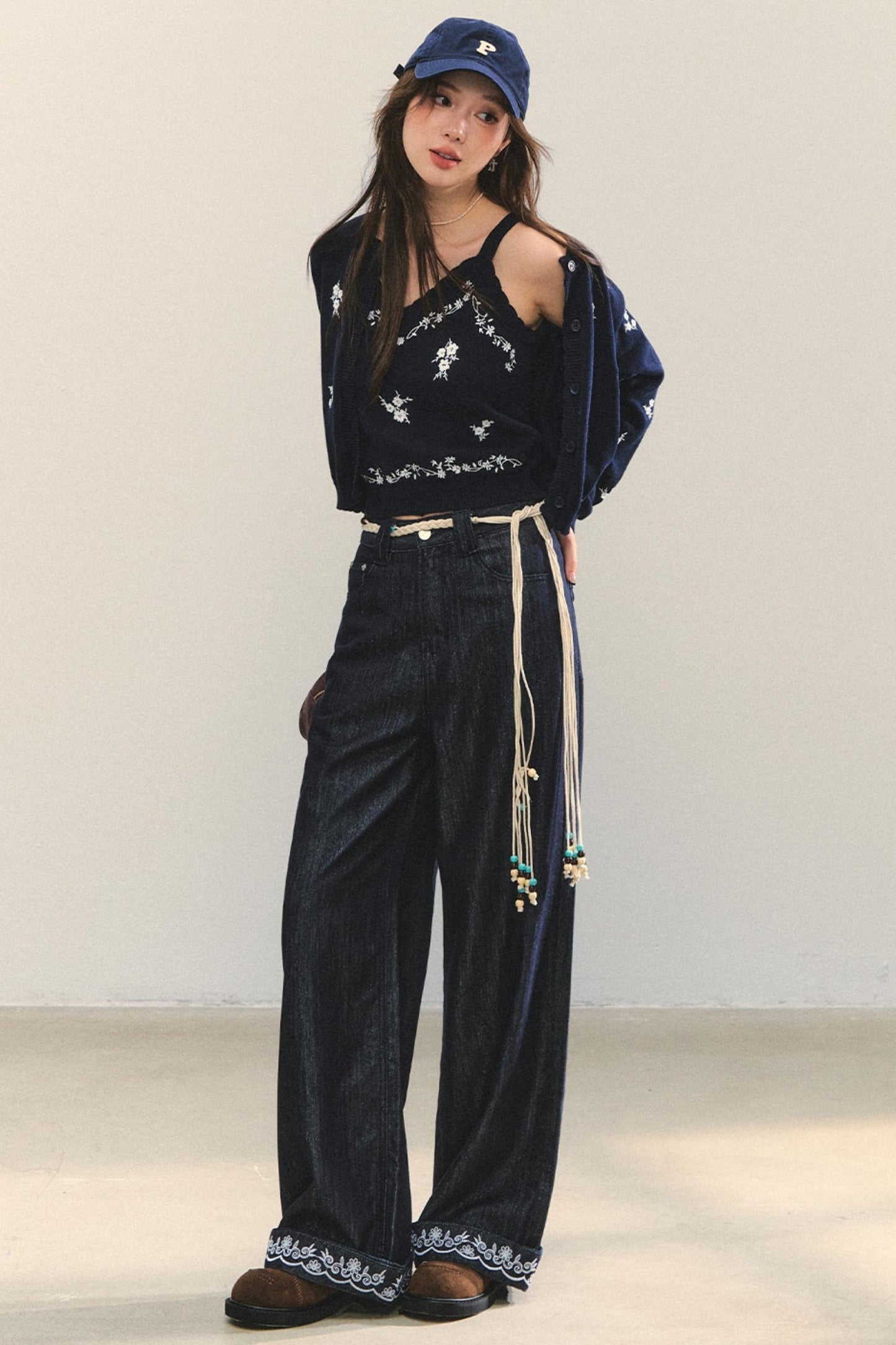 Embroidered Straight-Leg Pants