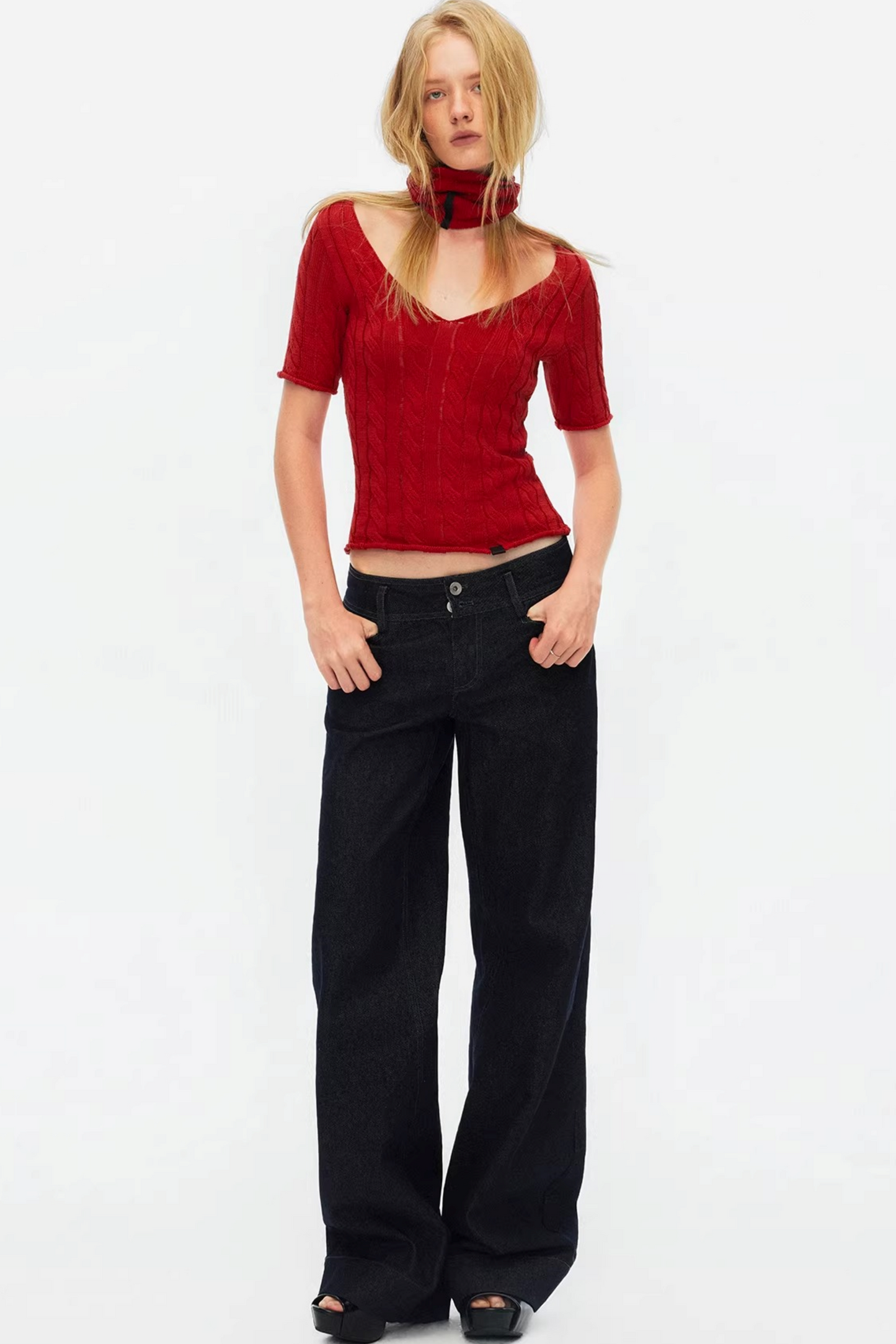 Hollow-Out Knit V-Neck Top