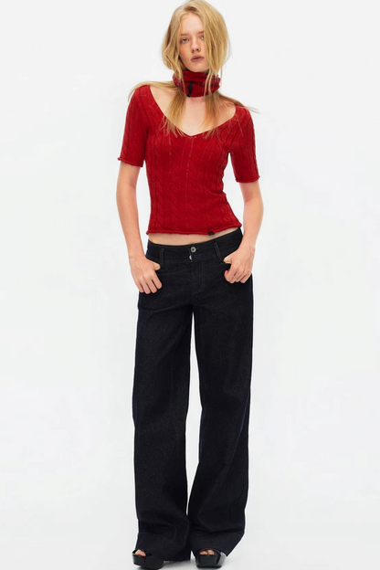 Hollow-Out Knit V-Neck Top