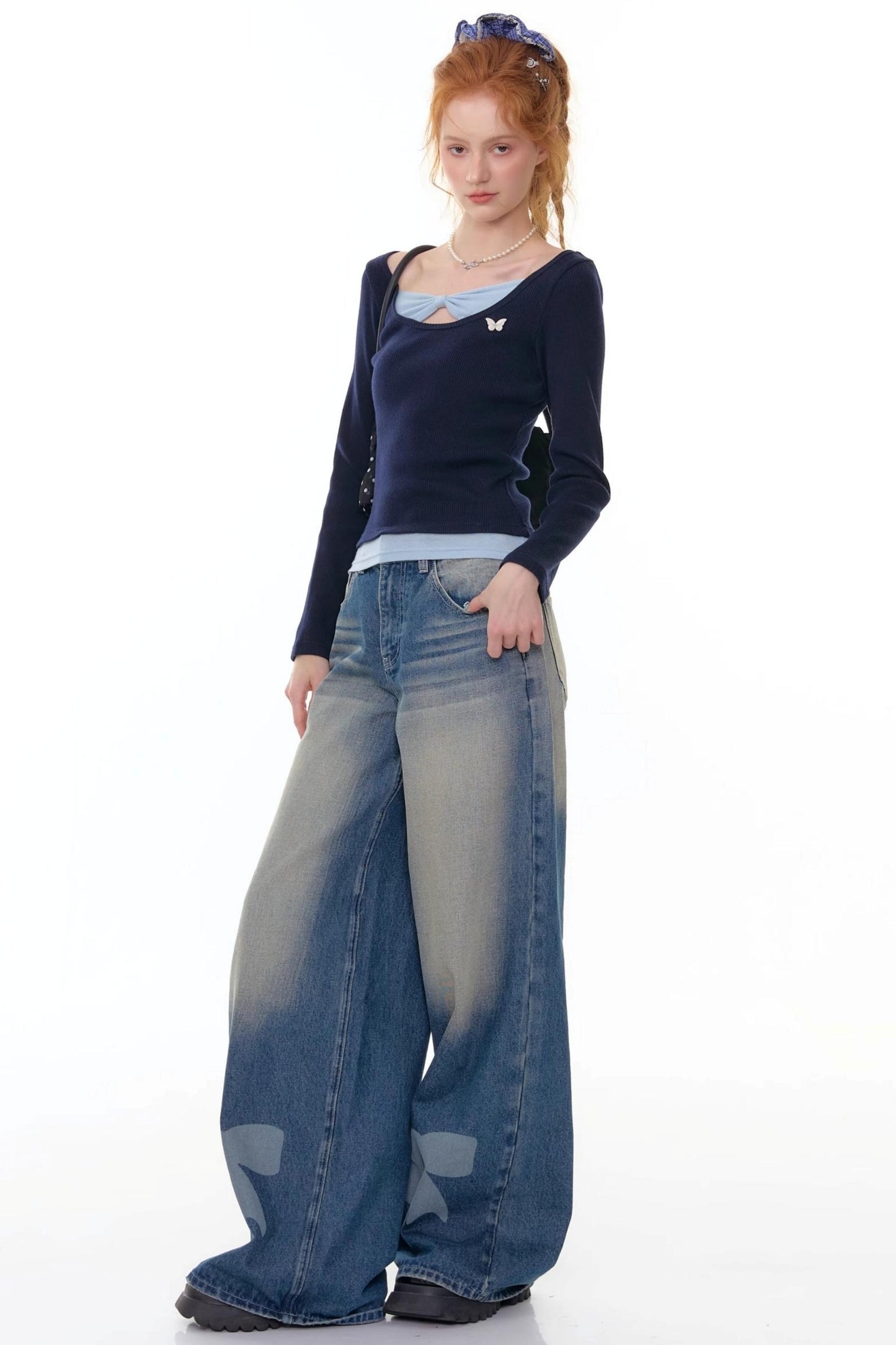 Fake Two Bow Long sleeve T-shirt