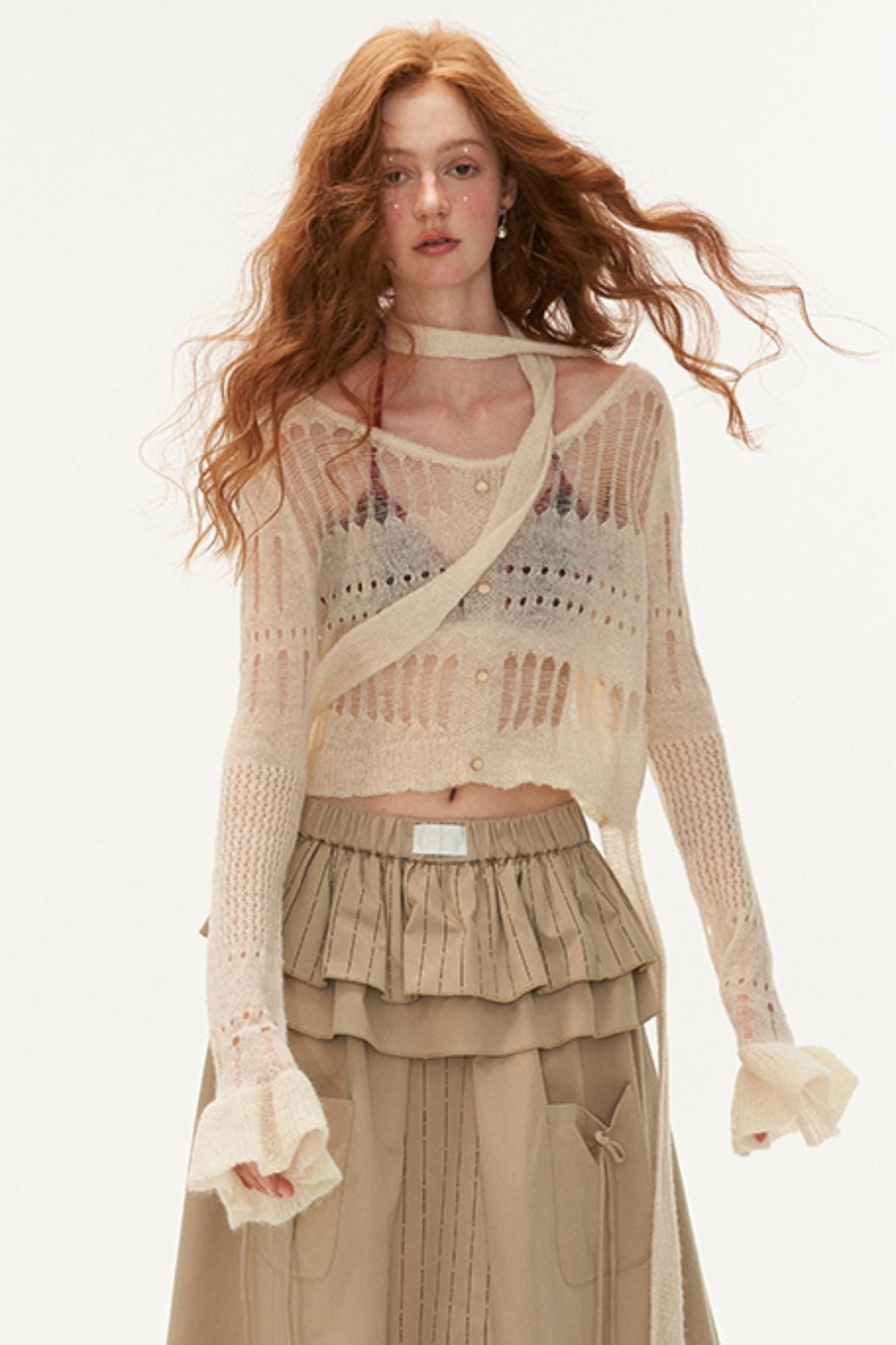 Wide-Neck Knit Cardigan