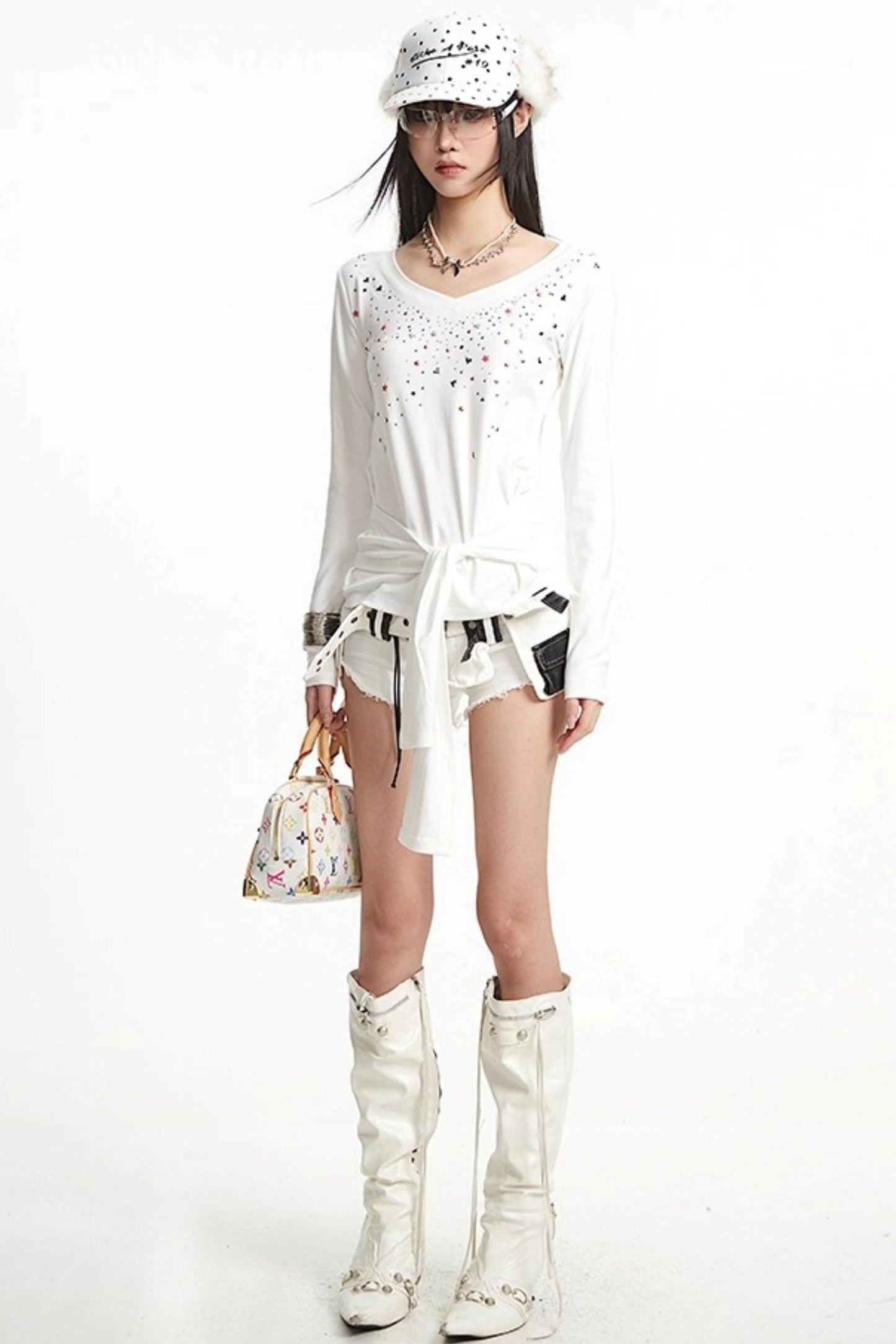 White Hot Girl V-Neck Long Sleeve T-Shirt