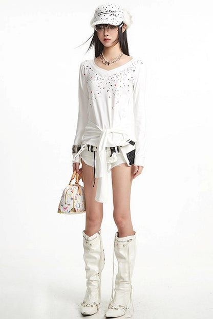 White Hot Girl V-Neck Long Sleeve T-Shirt