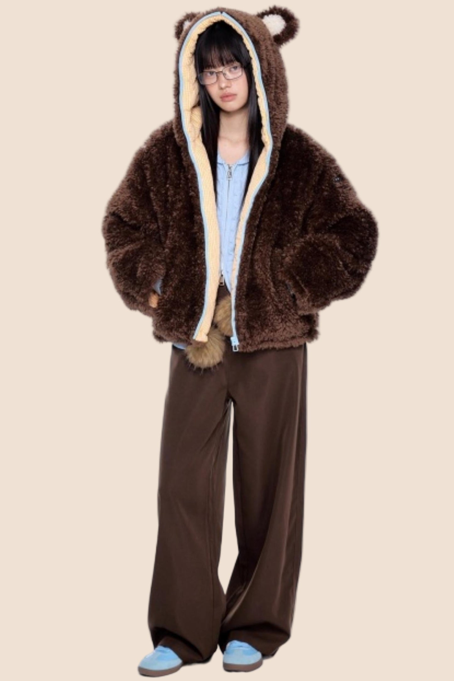 Ear-Flap Striped Faux Shearling Jacket