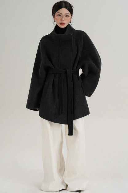 Elegant Woolen Lace-Up Coat