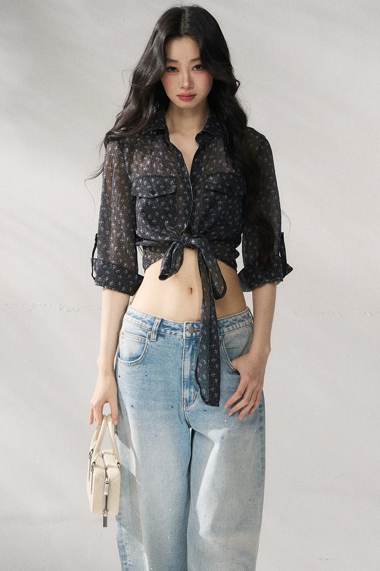 Bow Floral Slim Blouse