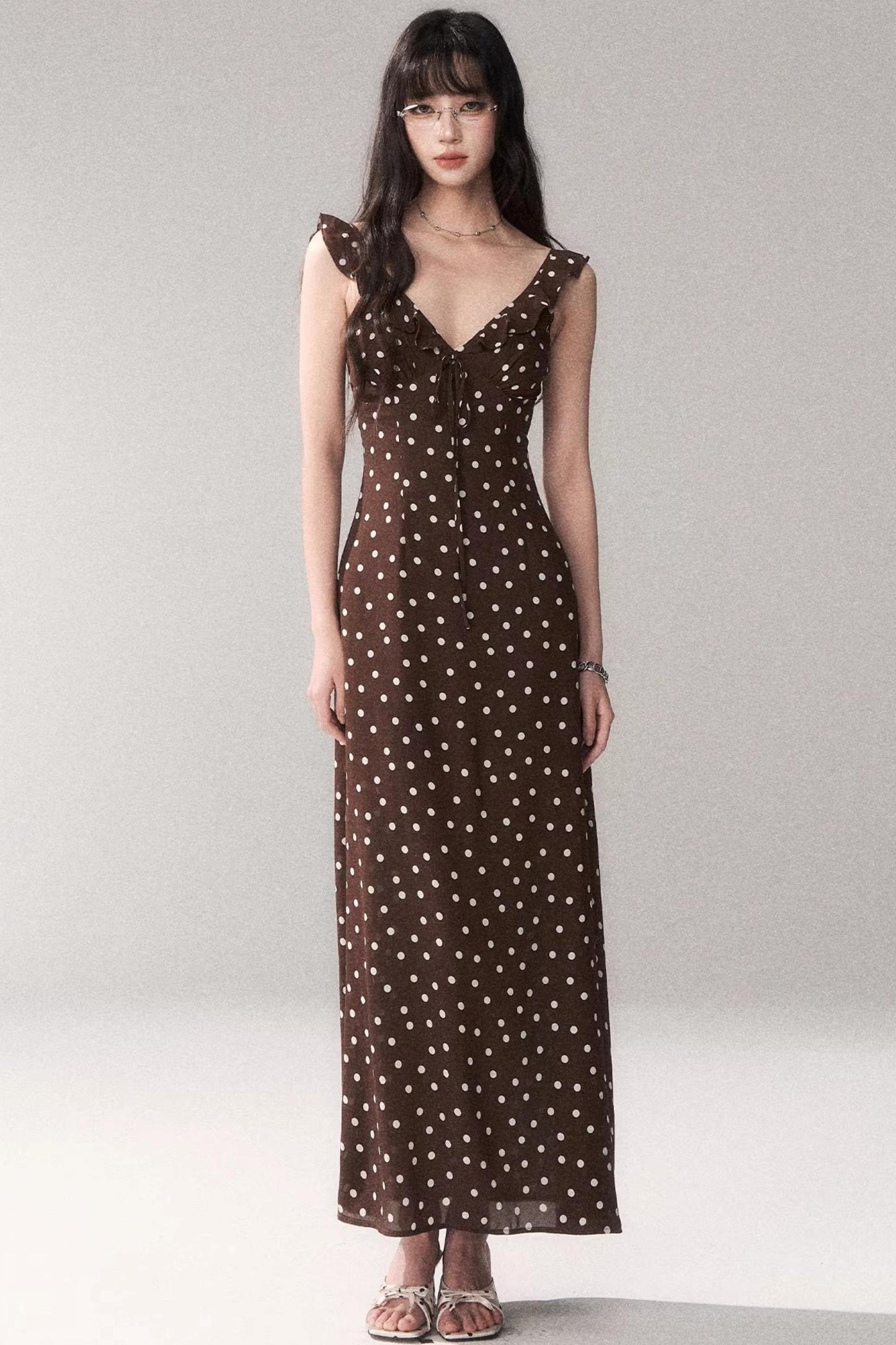 Brown Polka Dot Strap Dress