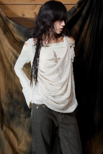 Diamond Collar One-Shoulder Long Sleeve T-Shirt