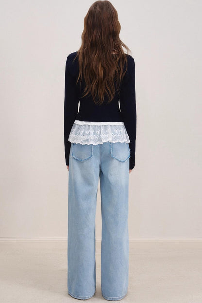 High-Waisted Lace-Trimmed Jeans