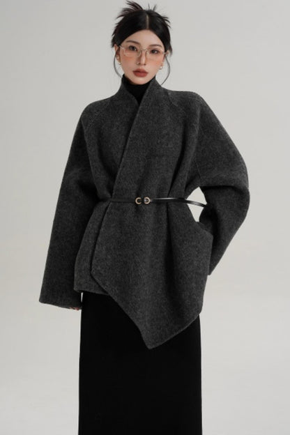 Elegant Lace-Up Woolen Coat