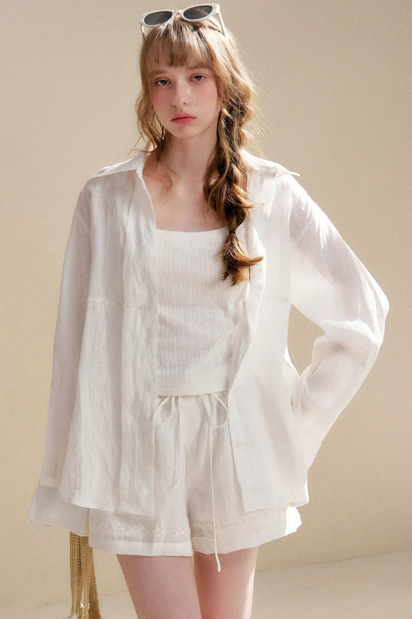 Linen Tencel Beaded Blouse Set-Up