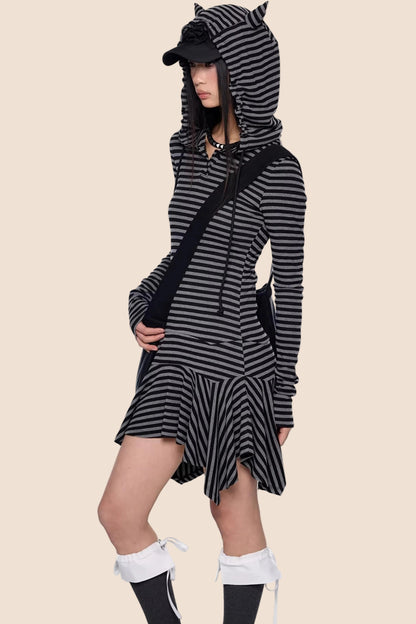 Retro Y2K Gestreiftes Kapuzenkleid