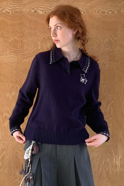 DIDDIMODA College Loving Kätzchen bestickt Polo Hals gestrickt Pullover Herbst Winter Girly Top