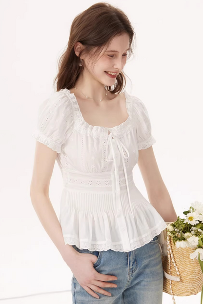 White Ruched Square-Neck Blouse