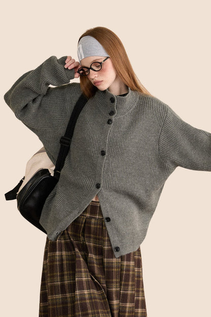 Retro Padded Turtleneck Knitted Cardigan