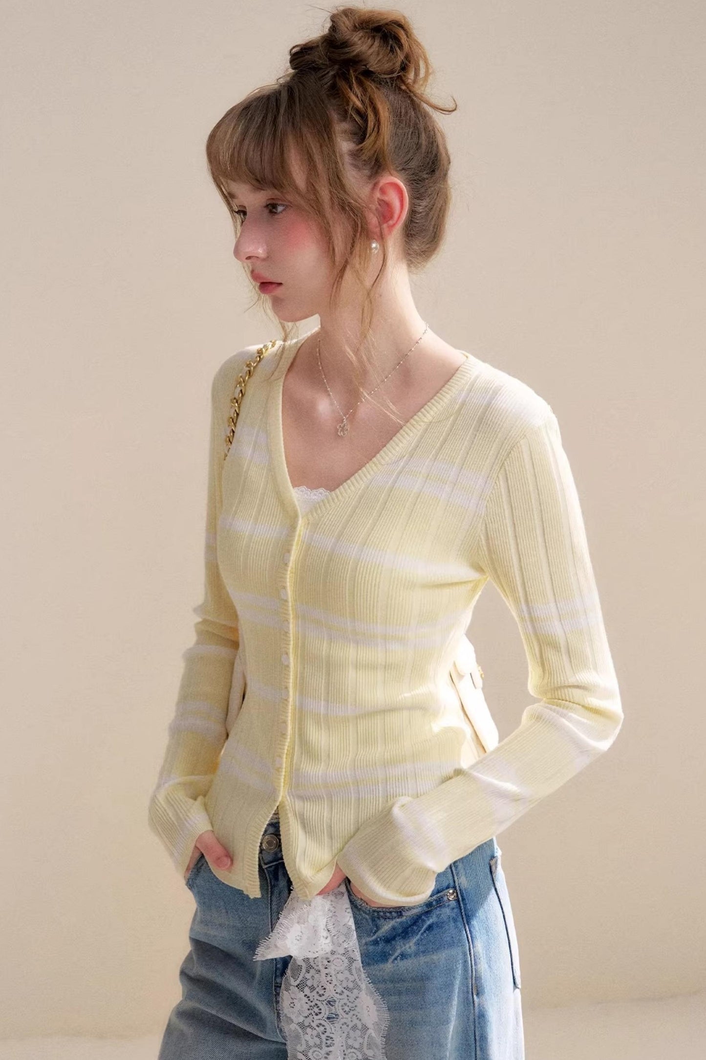 Romantische Kontrast-Spitzen-Strickjacke-Oberteil