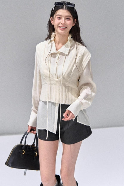 Fungus Edge Collar Drawstring Lace-up Shirt