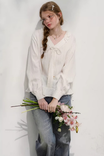 Striped Lace Sleeve Blouse