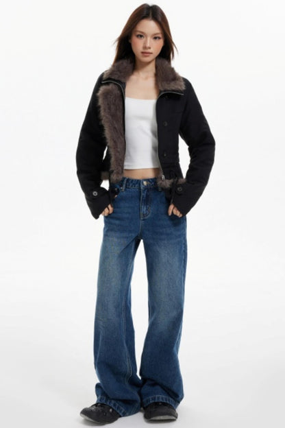 Plush Collar Slim Zippered Jacket