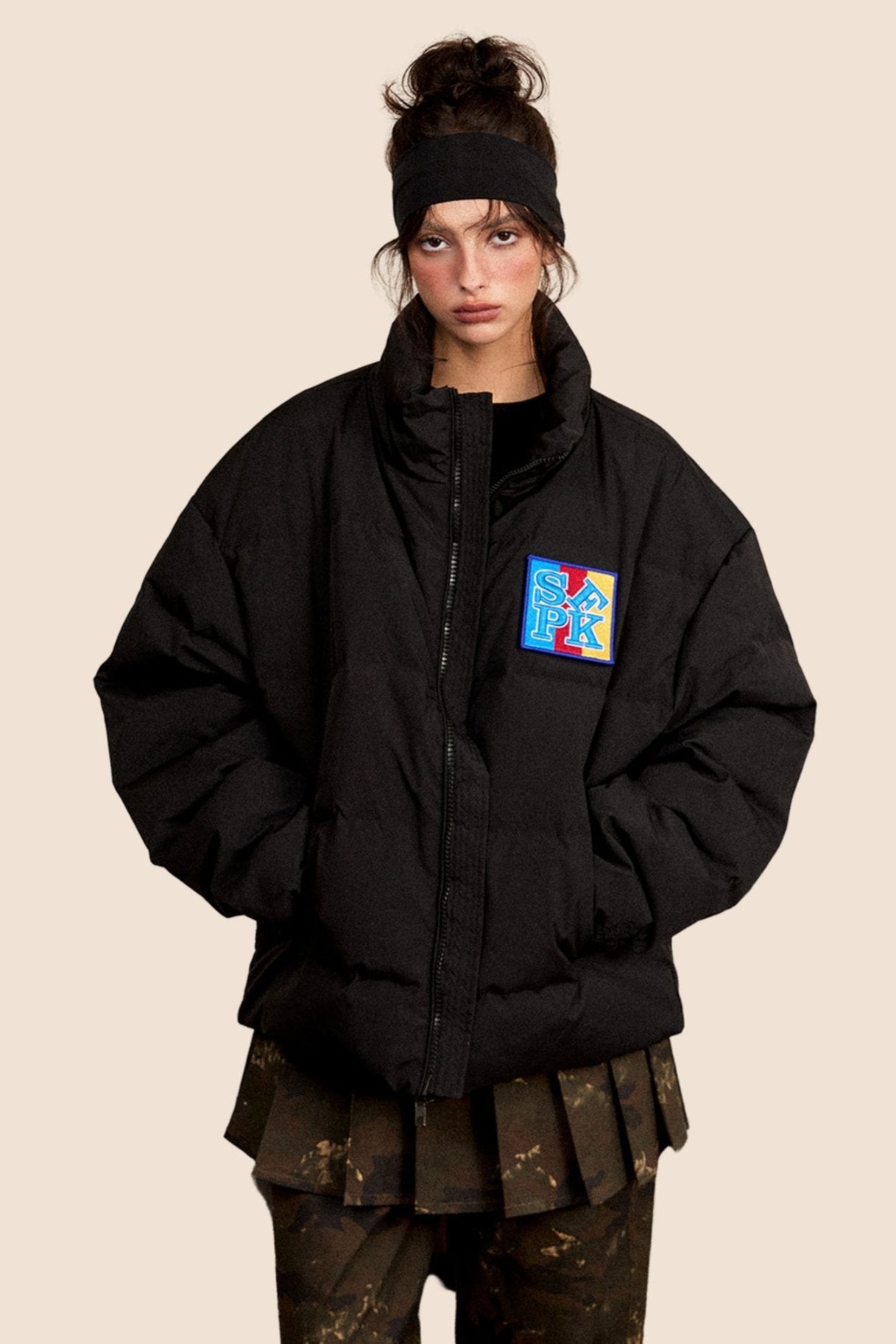 Retro Velcro Stand Collar Down Jacket