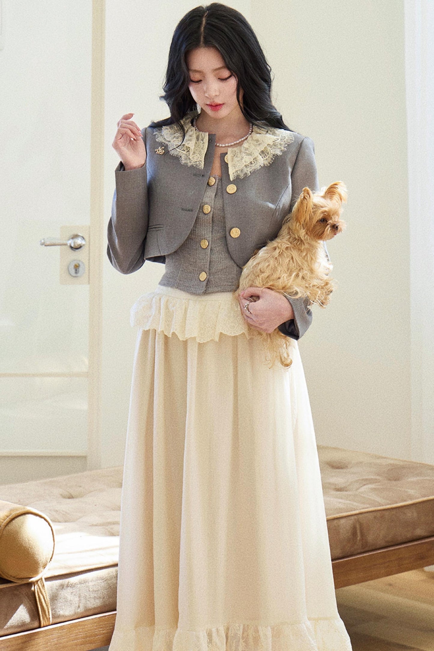 Lace Collar Gray Suit Set-Up