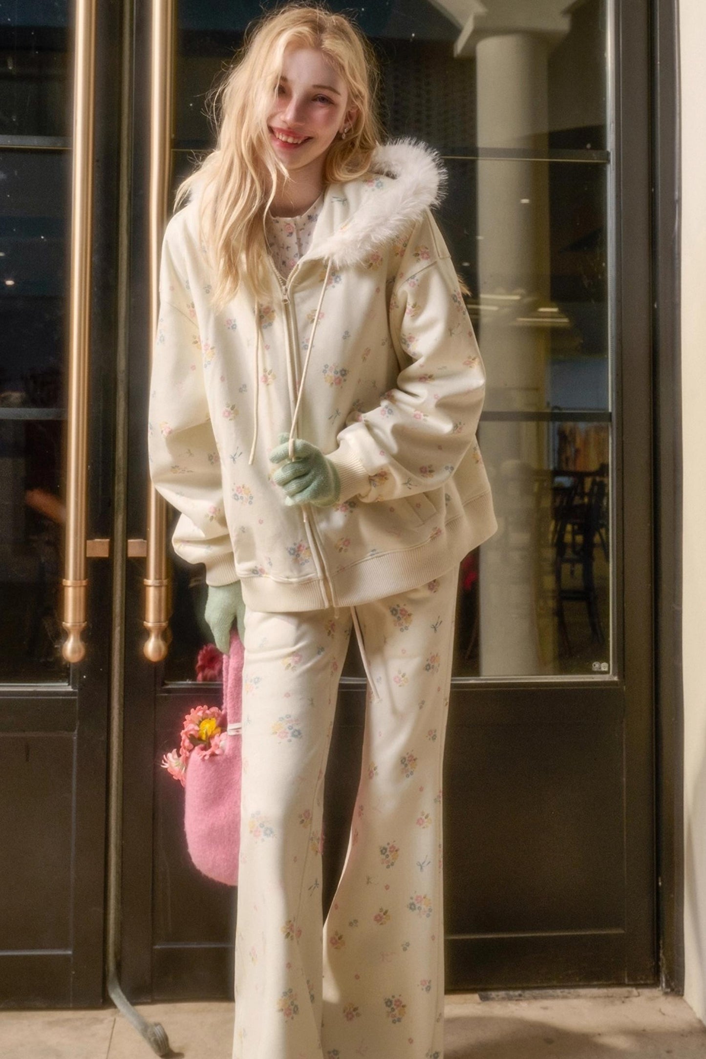 Milky Way Floral Fur Collar Jacket Set-Up