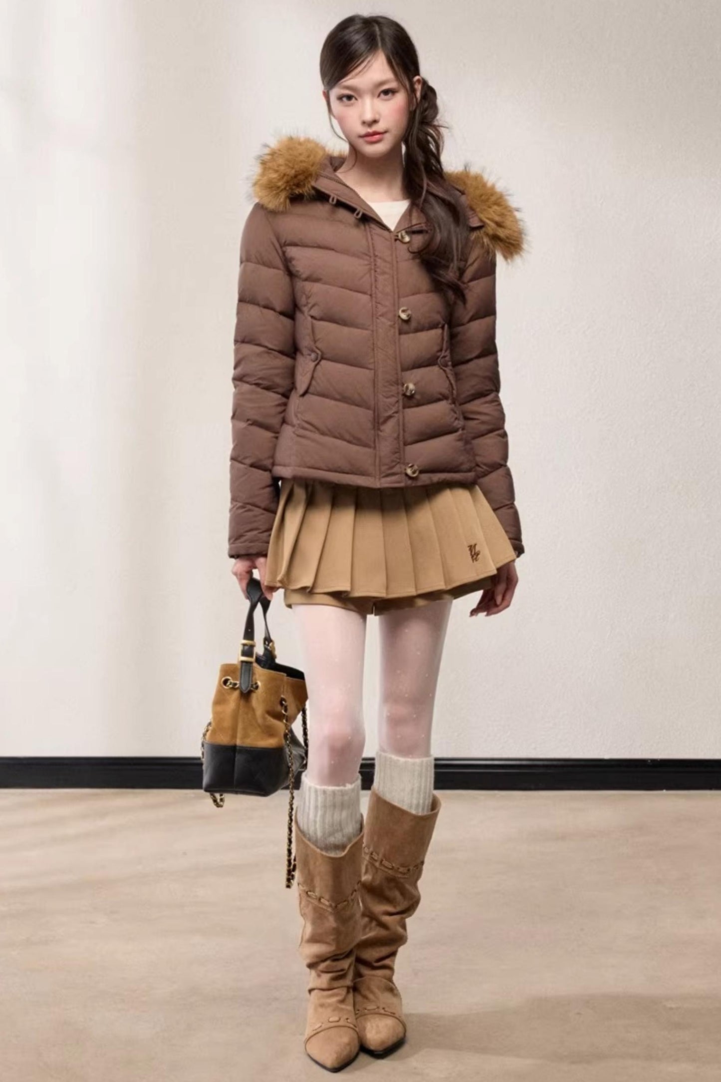 Fur Collar Hooded Slim Fit Jacket