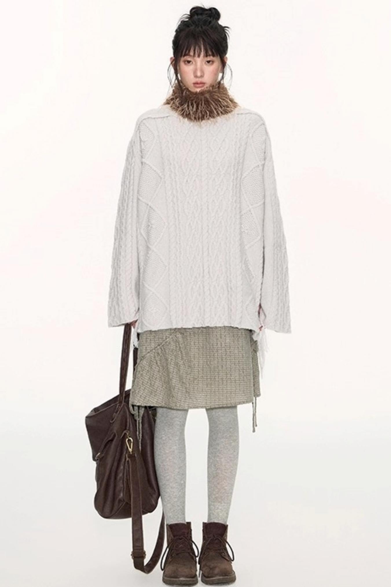 Crew Neck Crochet Cable Knit Sweater