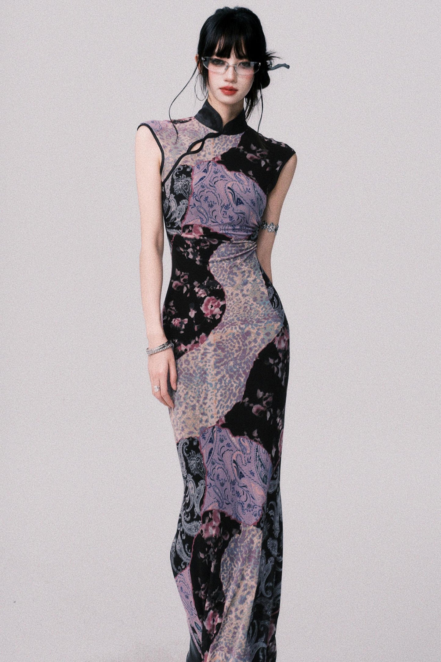 Smokey Purple Color-Block Cheongsam Dress