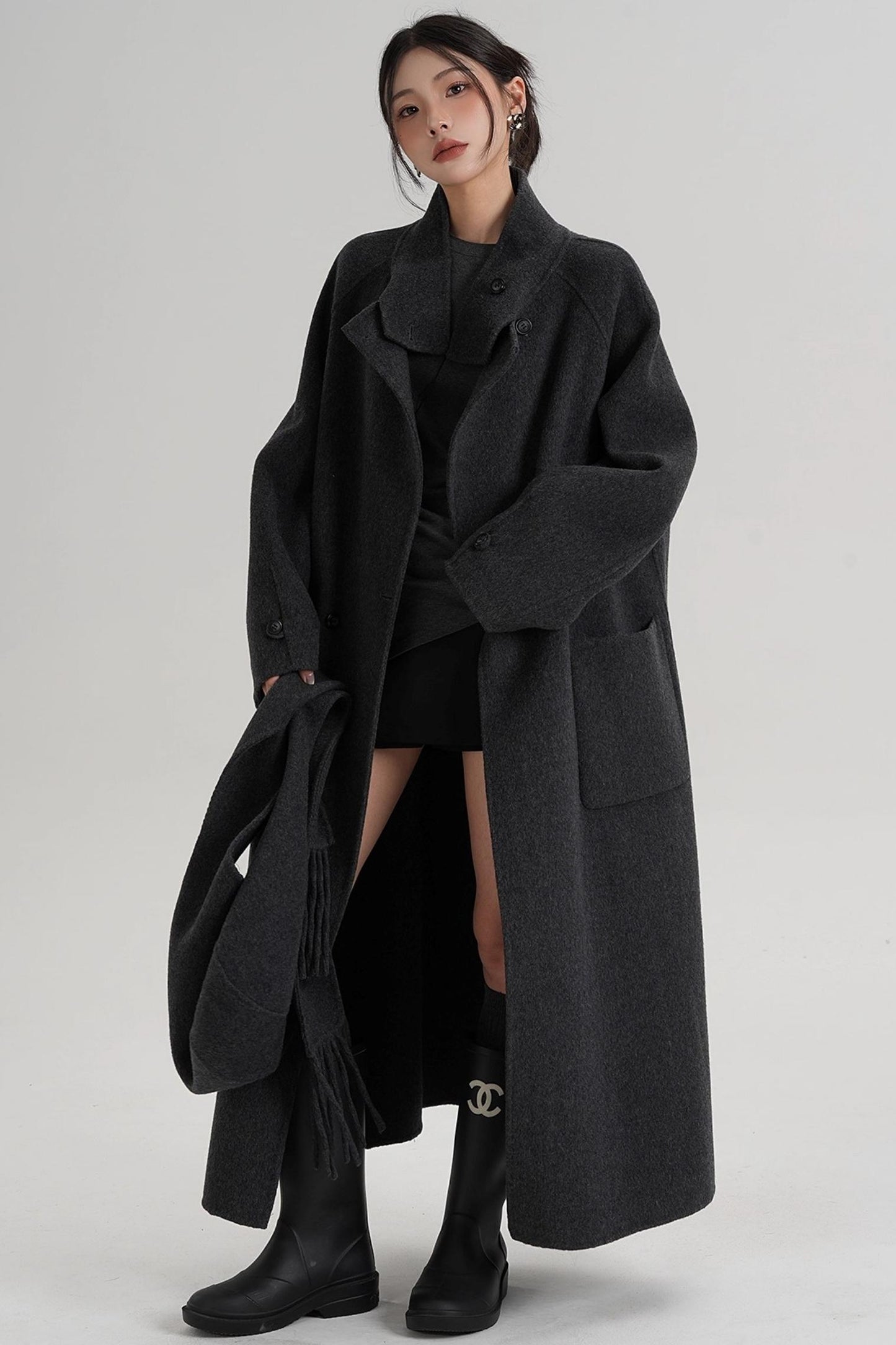 Temperament Hooded Scarf Wool Coat
