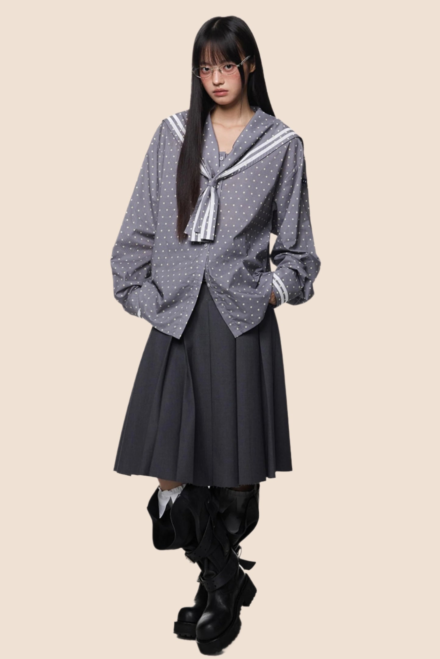 Navy Polka Dot Striped Shirt