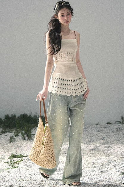 Pantalon en jean bleu clair perlé