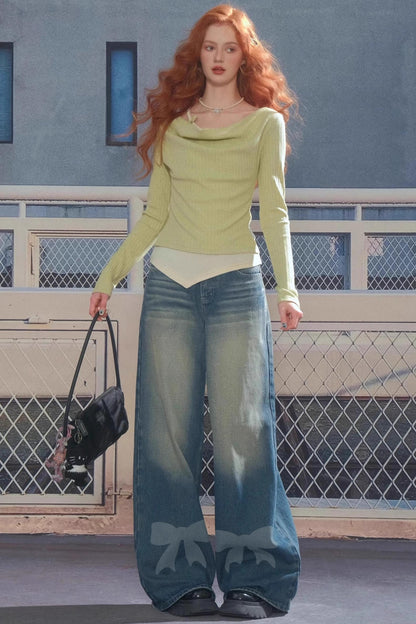 Swing Collar Fake Two Pieces Slim Top