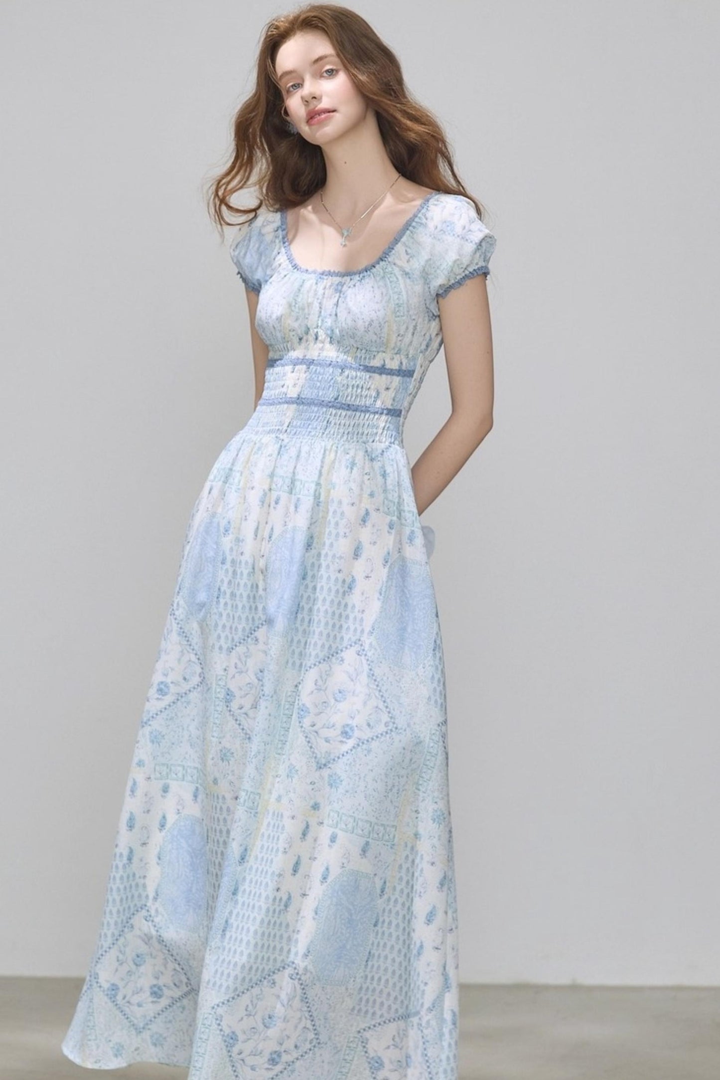 Puff Sleeves Waist Slim Long Dress