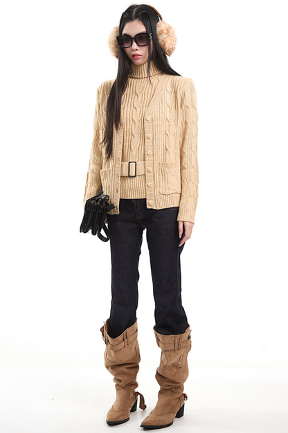 Retro Khaki Cable Knit Cardigan Set