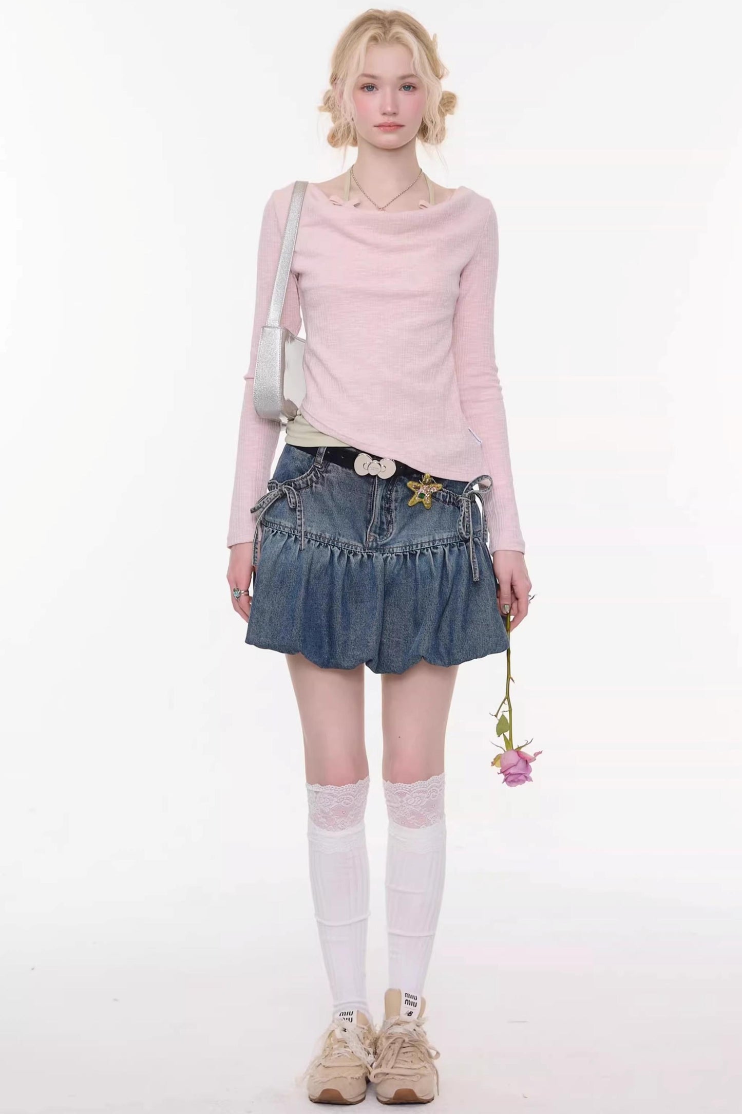 Sweet Bubble Bowknot Denim Skirt