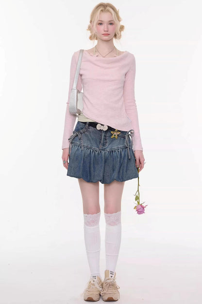 Sweet Bubble Bowknot Denim Skirt
