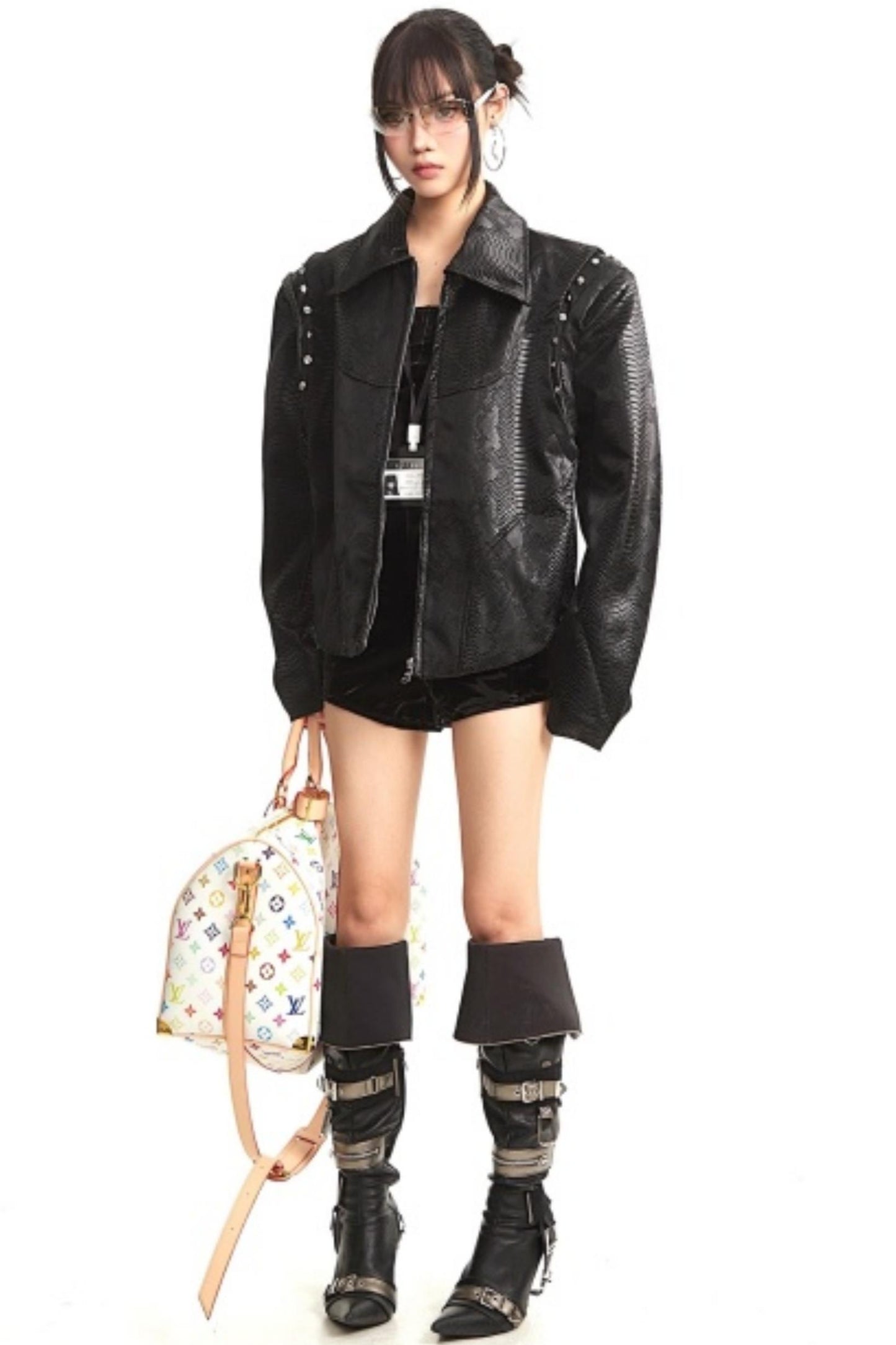Retro Shoulder-Padded Leather Jacket
