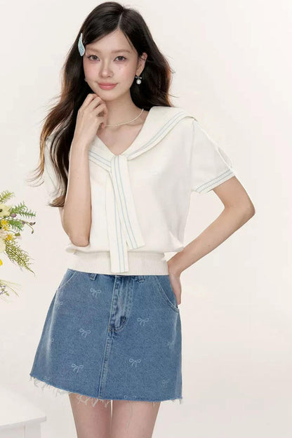 Sweet Sailor Collar Knit Top Set-Up