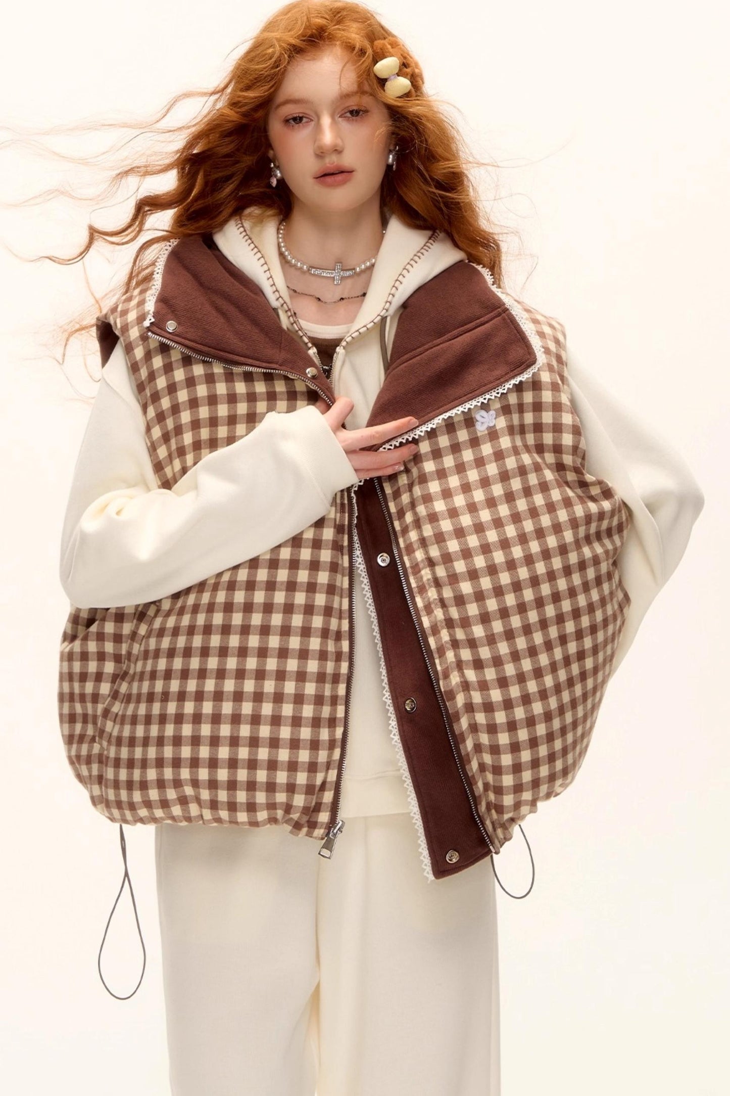Reversible Plaid Lace Vest Jacket