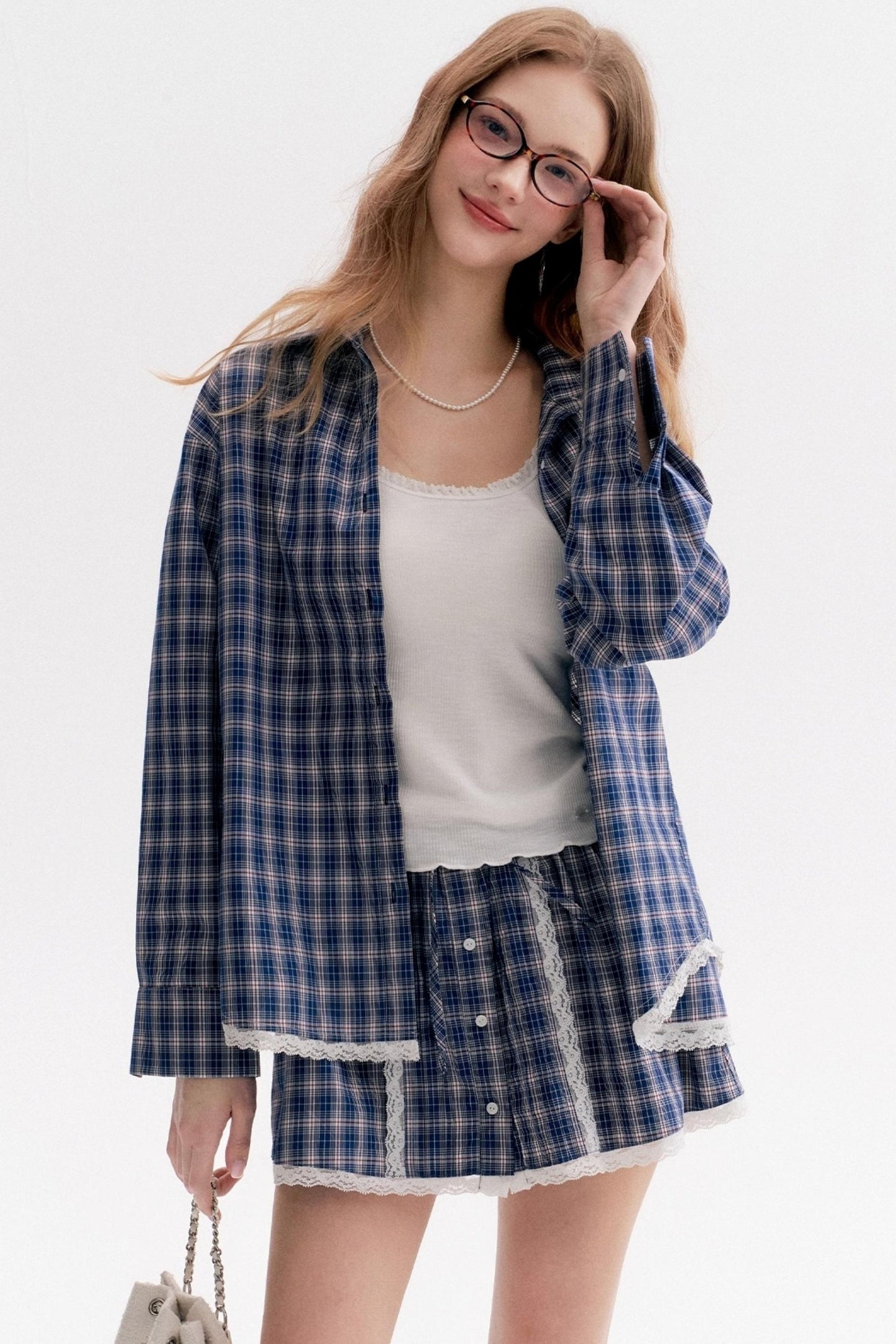 Lace Stitching Check Short Skirt