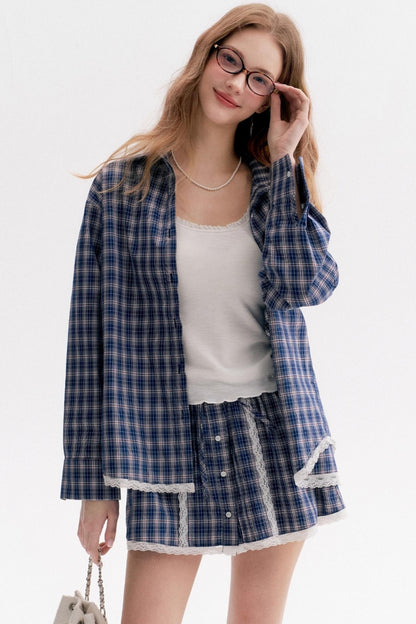 Lace Stitching Check Short Skirt