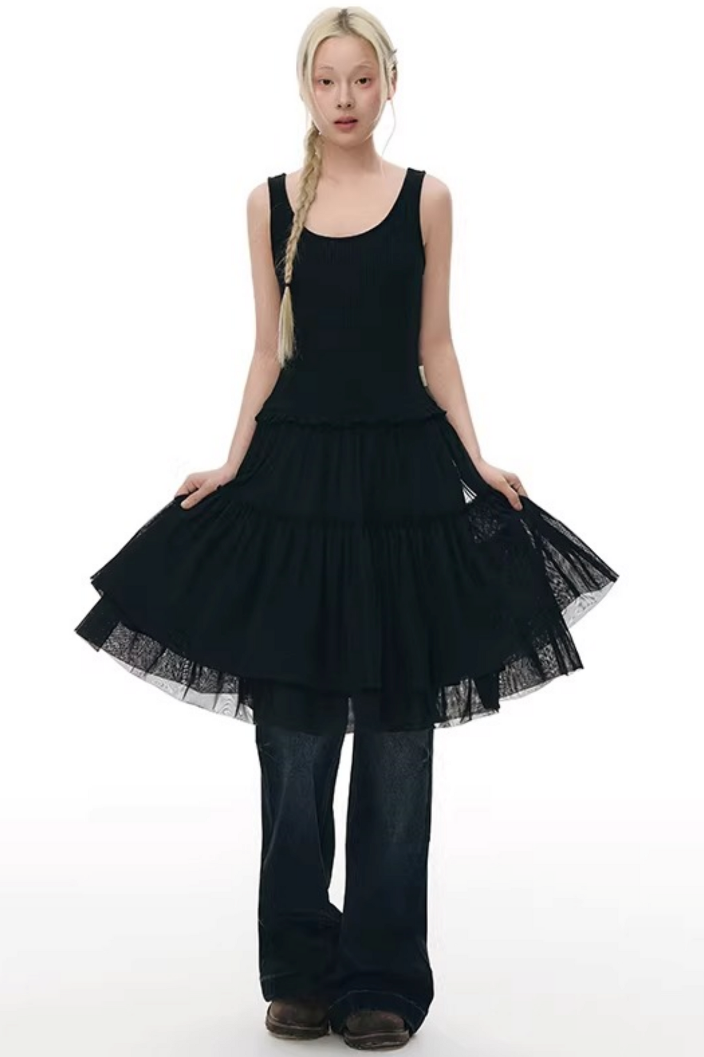 니트 패치워크 베스트 원피스