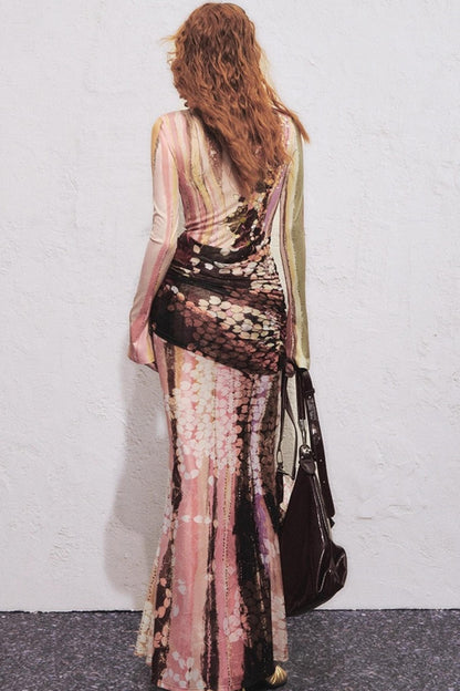 Lotus Print Fake Two-Piece Mermaid Dress