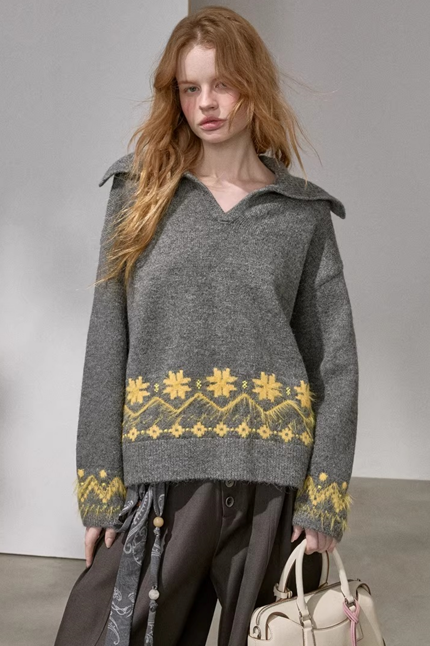 Lace-Up Turn-Down Collar Sweater Matching Set