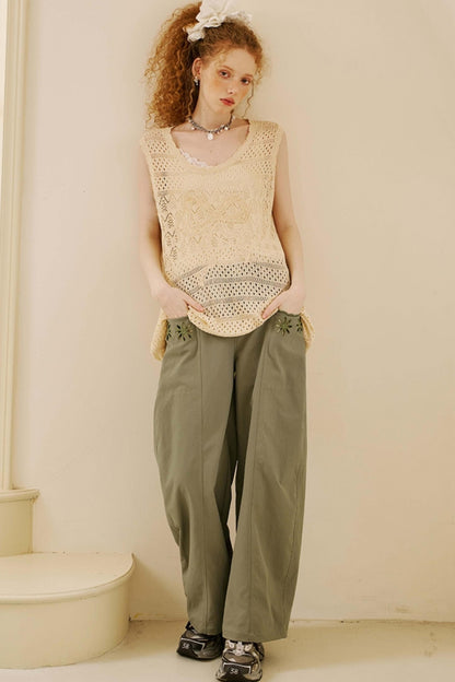 Embroidered Denim Scimitar Pants