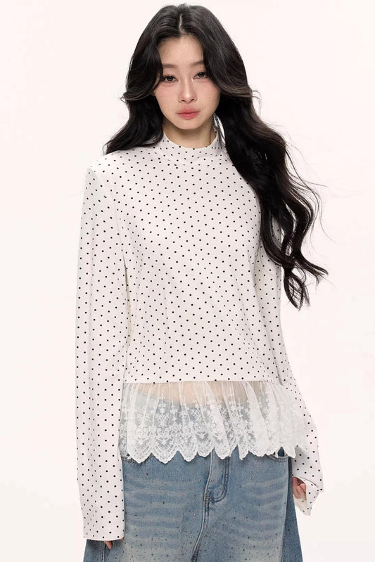 Polka Dot Lace Turtleneck Top