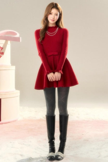 Lace High-Neck Knitted Dress